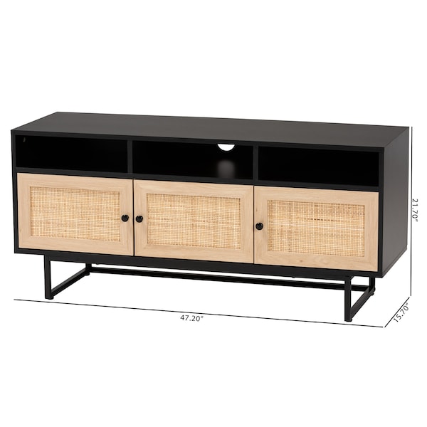 Declan MidCentury Modern Espresso Brown Finished Wood And Natural Rattan 3Door TV Stand